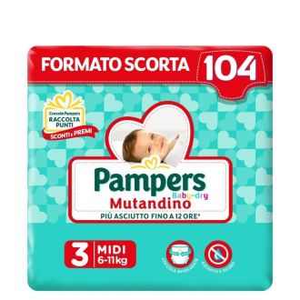 Pampers Baby Dry Mutandino Taglia 3 Pacco Scorta da 104 Pannolini