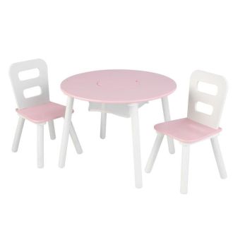Set Tavolino Tondo con Portaoggetti e 2 Sedie Bianco Rosa